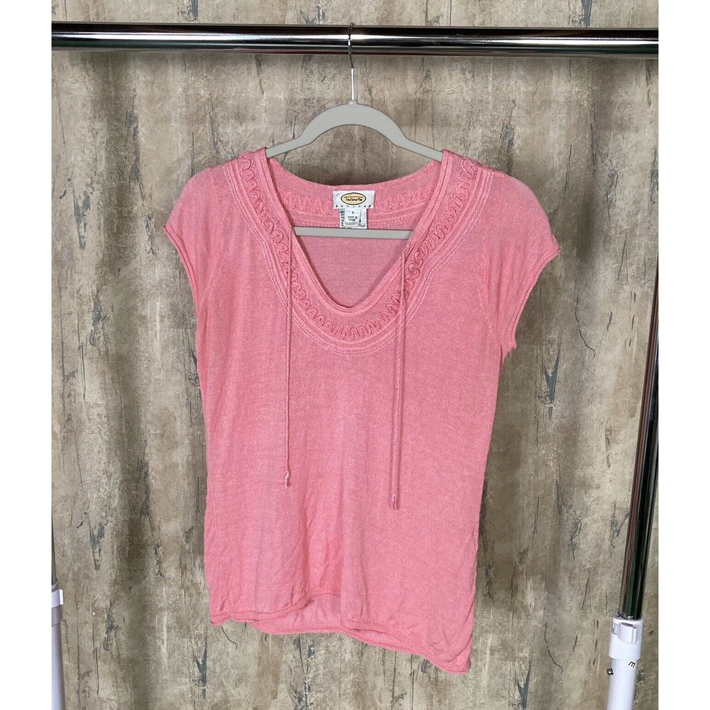 TALBOTS Women Petites Small Thin Light Linen Rayon Stretch Knit Top Barbie Pink